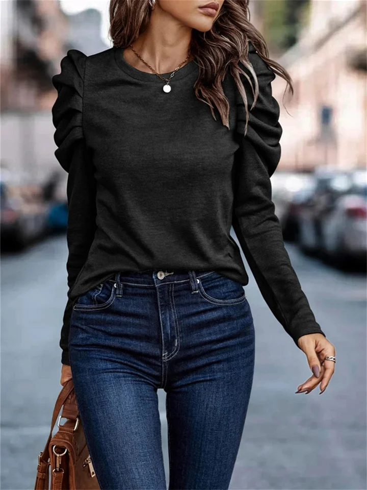Women's New Fall and Winter High Elastic Cashmere Round Neck Slim Bubble Sleeve Long-sleeved Temperament Elegant Blouse-Mixcun