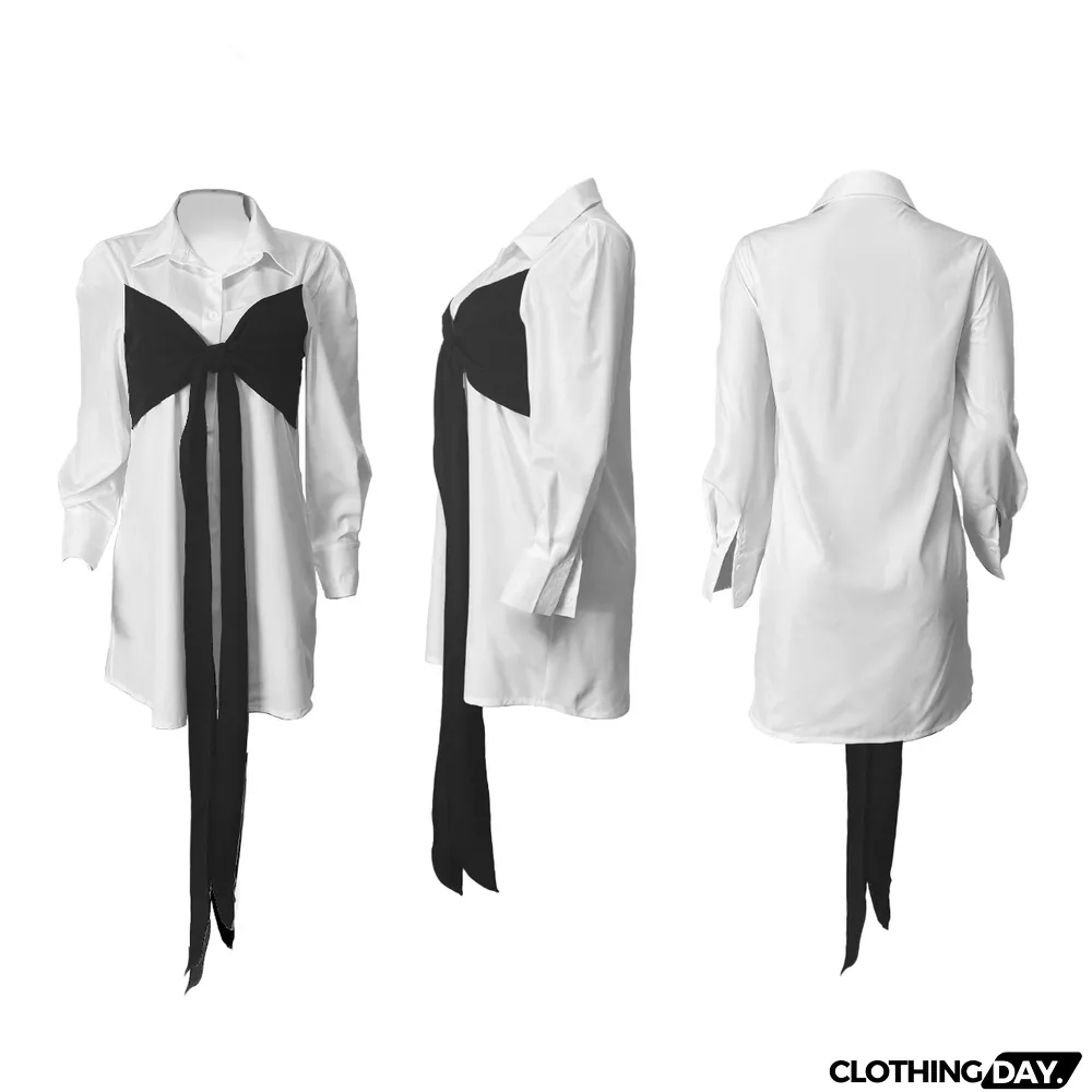 Contrast Colot Bow-Tie Long Sleeve Shirt Dress