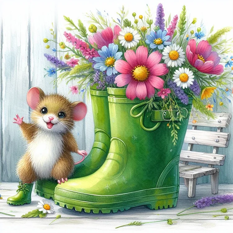 Full Round Diamond Painting - Little Mouse And Flowers In Boots 30*30CM