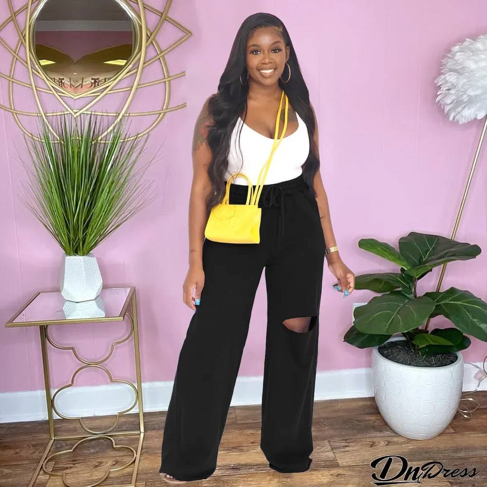 Solid Casual Hole Loose Pants
