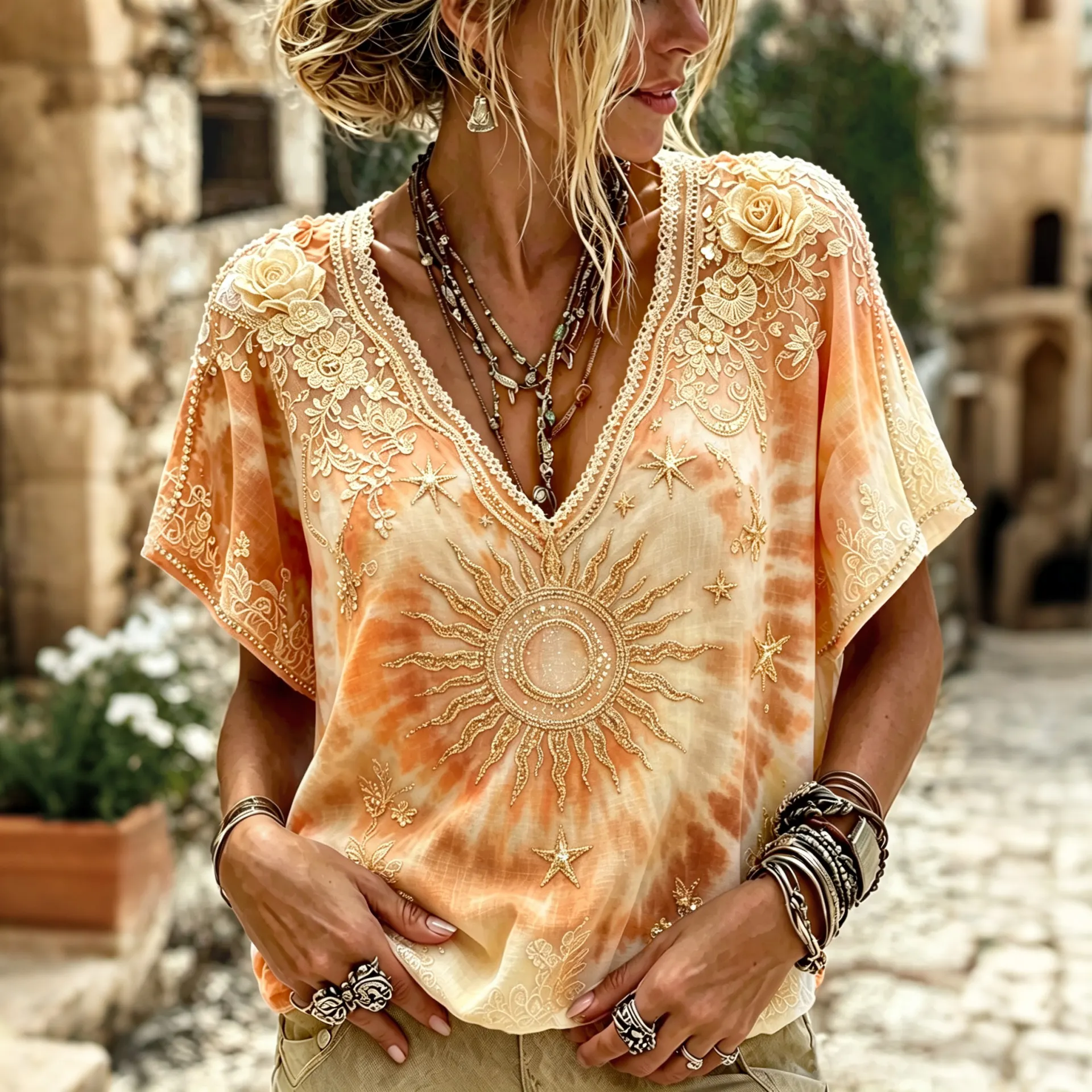 Comstylish Women's Hippies And The Sun With Floral Embroidery Art Linen Blend Top