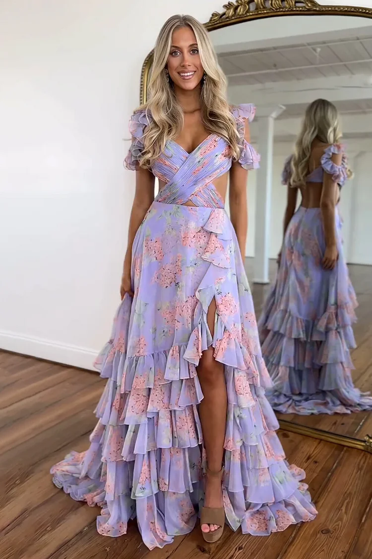 Floral Print Cutout Backless Ruffled Slit Maxi Dresses-Purple [Pre Order]