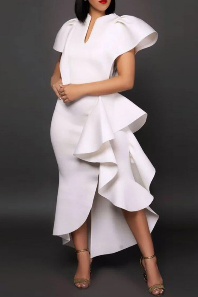 Plus Size White Formal Ruffle Irregular Hem Midi Dress