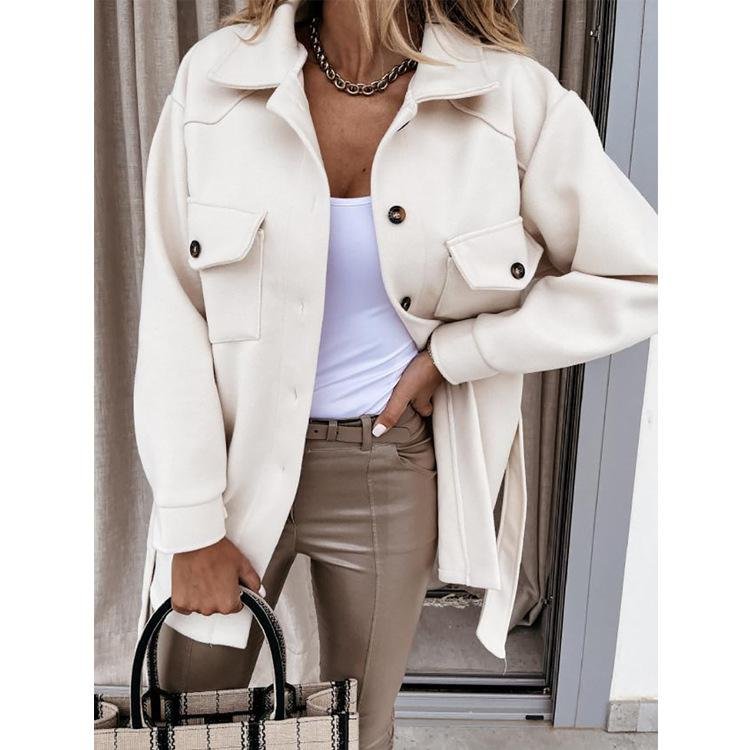 LONG-SLEEVED TEMPERAMENT SOLID COLOR LAPEL BUTTON LACE WOOLEN COAT