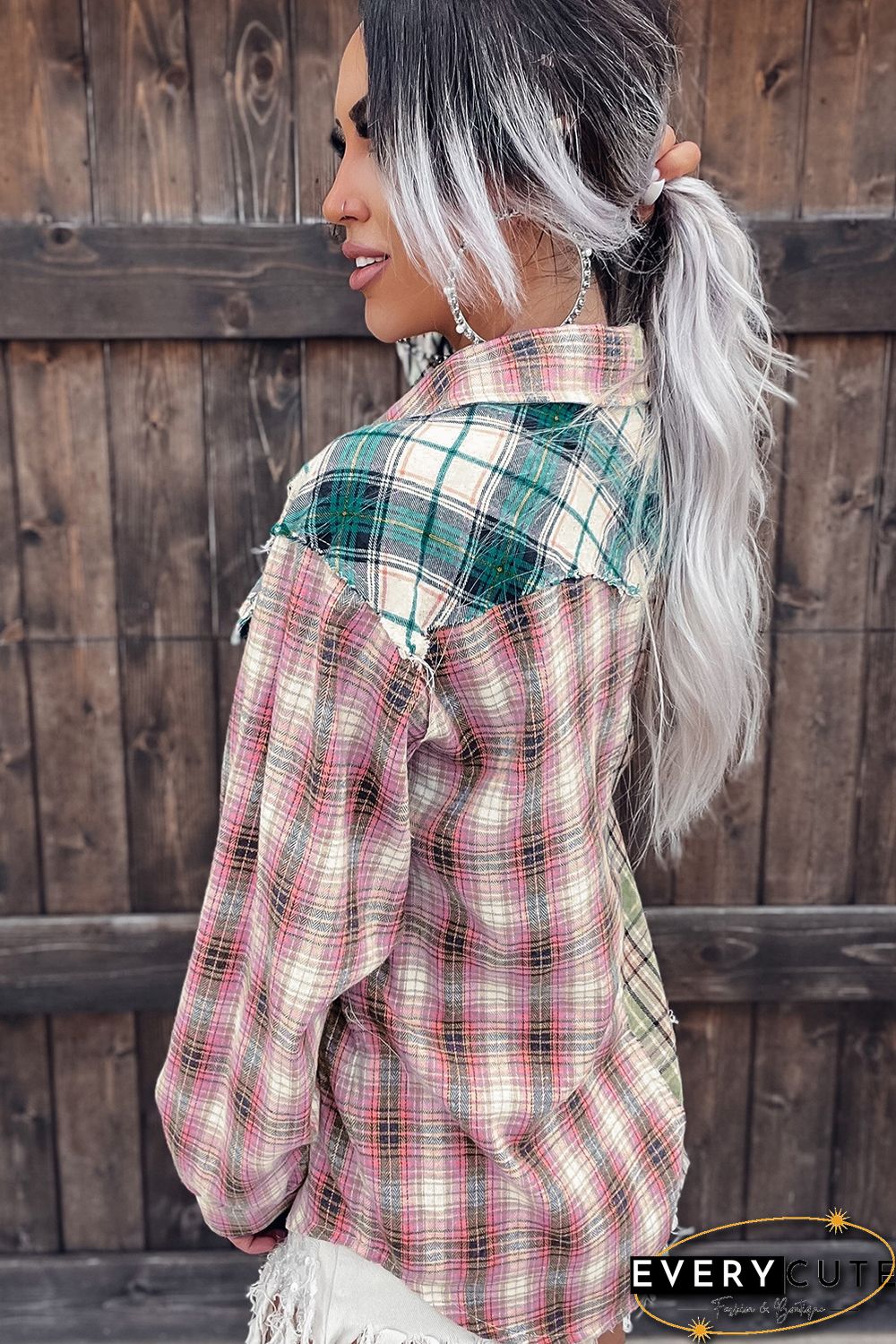 Multicolor Plaid Patchwork Front Pockets Long Sleeve Shirt