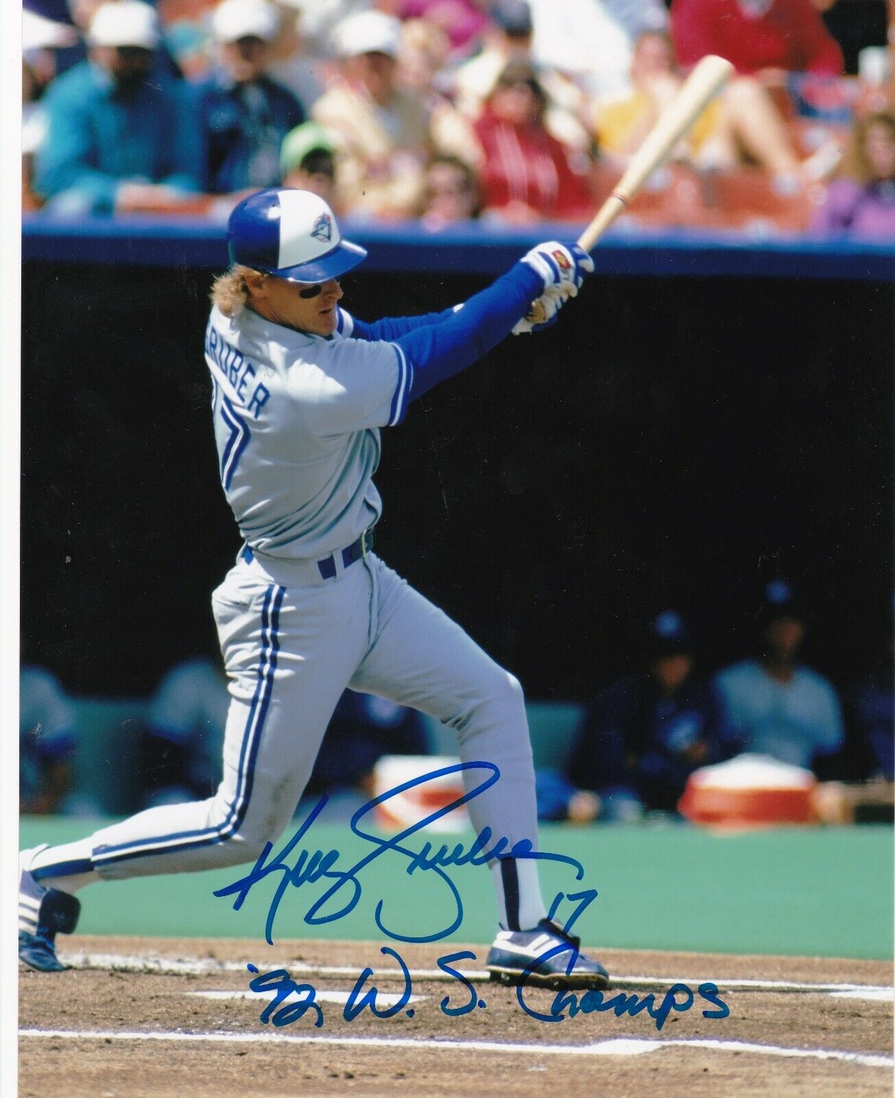 KELLY GRUBER TORONTO BLUE JAYS 92 WS CHAMPS ACTION SIGNED 8x10