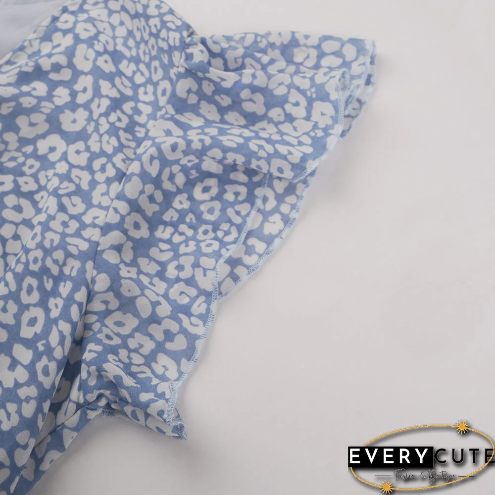 Light Blue V Neck Ruffle Detail Tie Waist Floral Dress