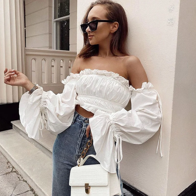 Yimunancy Off Shoulder Top Women Long Sleeve Ruffle Top 2020 Ladies White Elegant Top Party Blusas