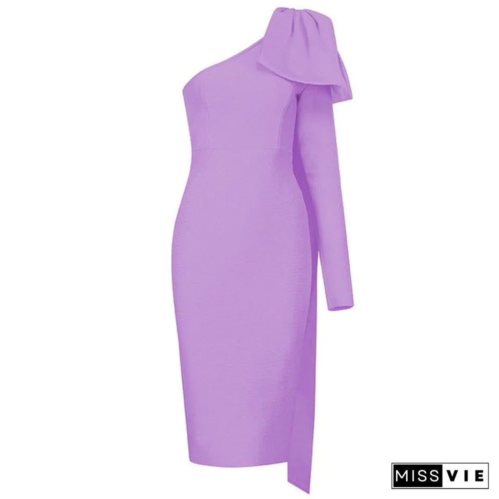 Summer New Women's Fashion Sexy One-shoulder Long-sleeved Bow Elegant Celebrity Bandage Dress Bodyon Midi Dress Vestidos