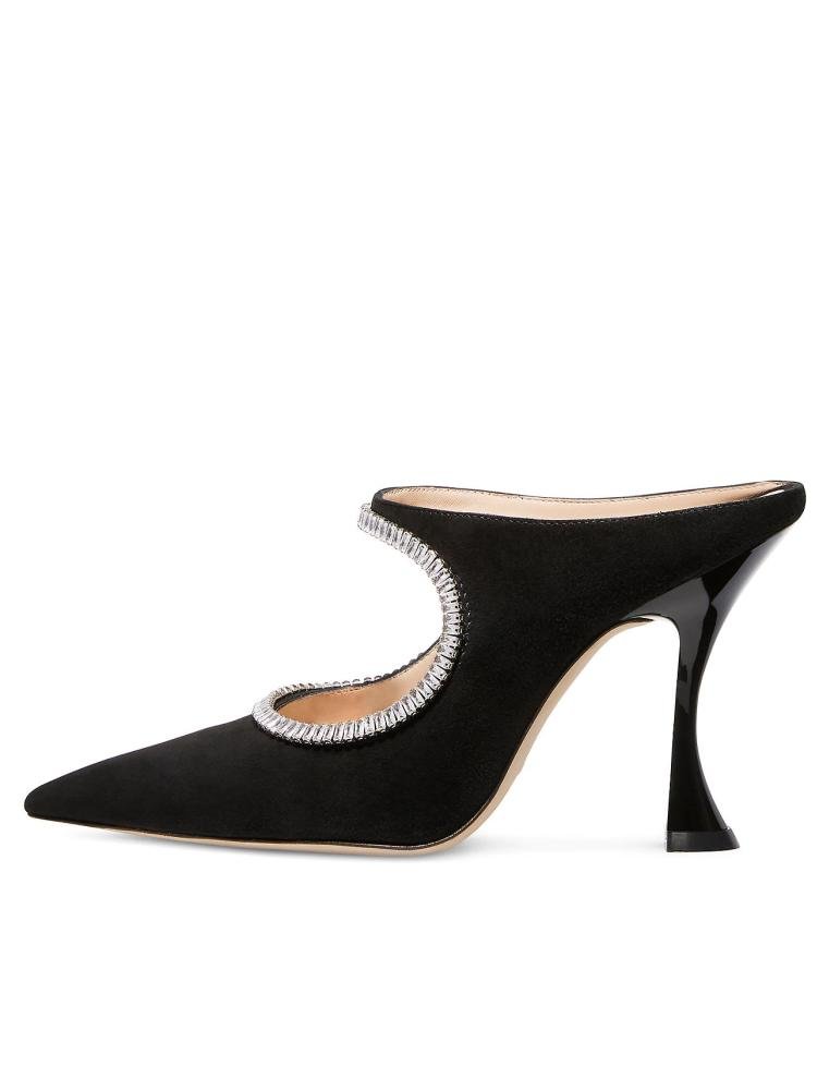 Black Cutout Crystals Flared Heeled Faux Suede Pumps Mules For Women