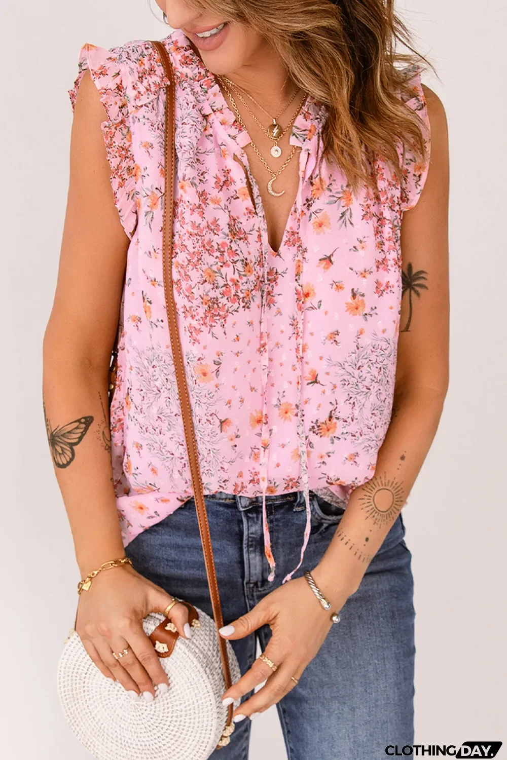 Pink Floral Print Drawstring Frill Trim Sleeveless Top