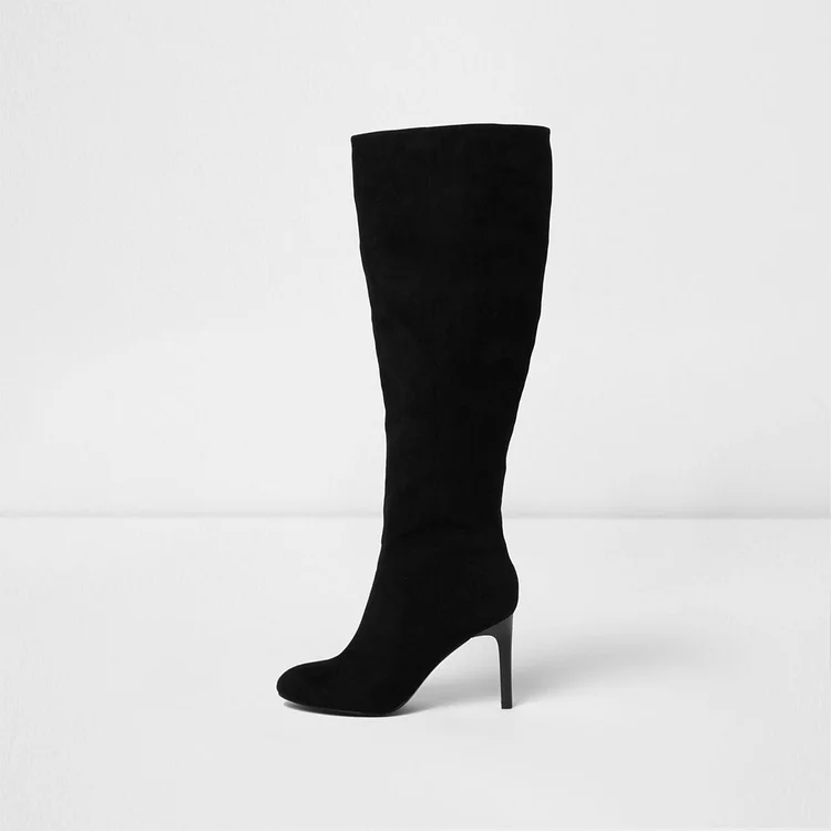 Black Suede Calf-Length Stiletto Heel Boots Vdcoo