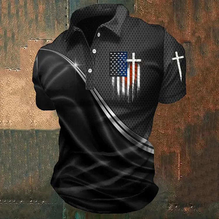 Men's American Flag Cross Print Polo Shirt