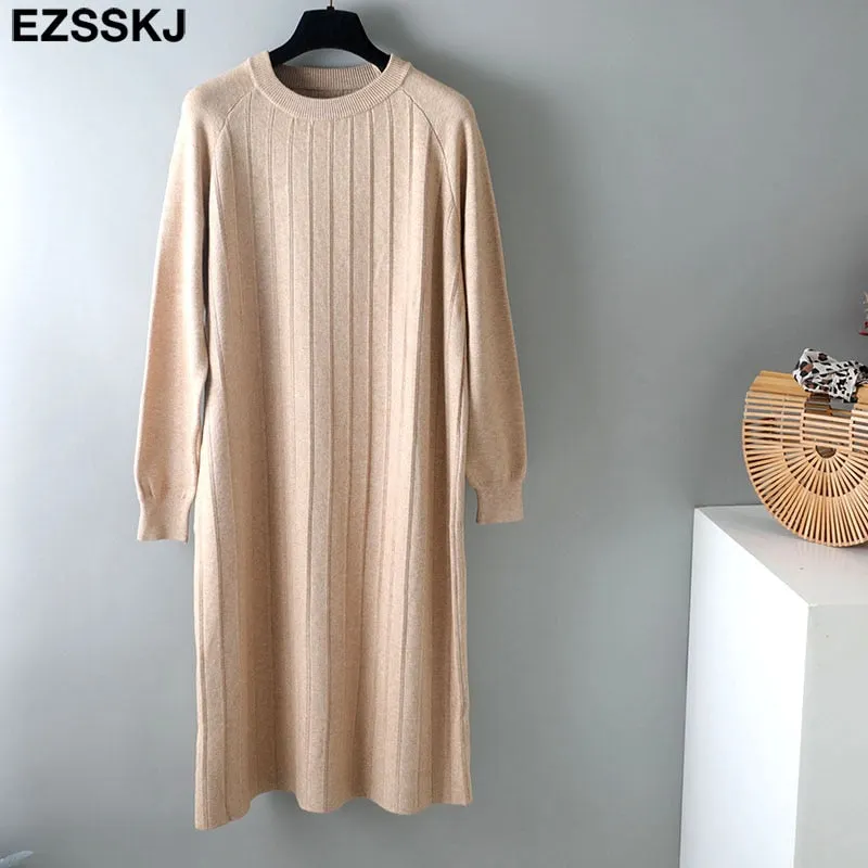 2021 Autumn Winter O-NECK Long  straight sweater Dress Women Casual oversize Sweater Dresses maix THICK  batwing sleeve Dress