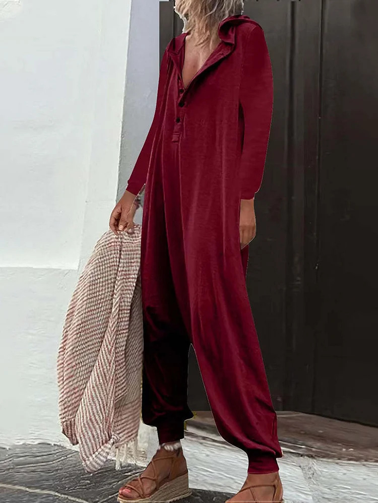 Casual Button Loose Side Pocket Long Sleeve Hooded Jumpsuit