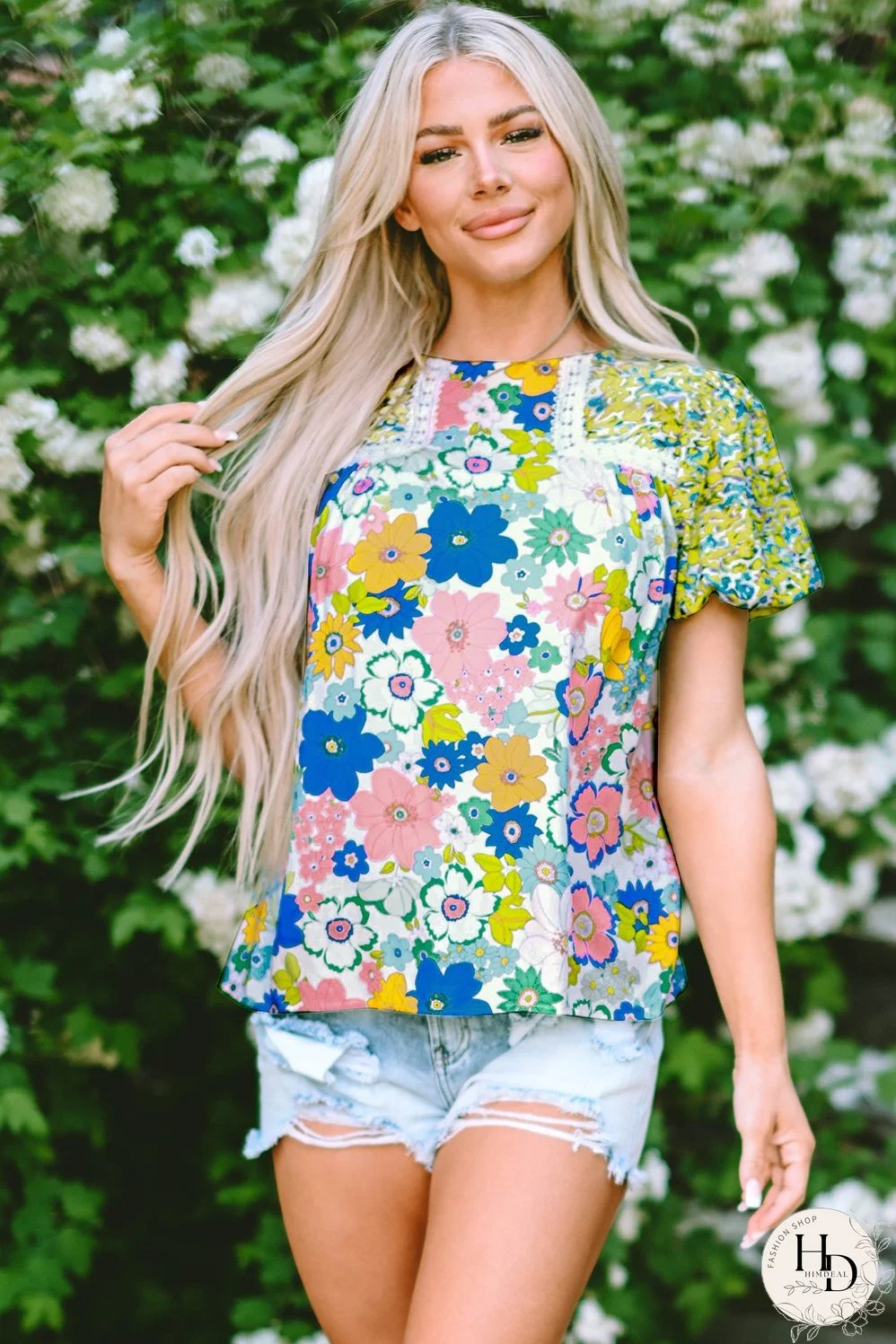 Bubble Sleeve Lace Trim Floral Mixed Print Blouse