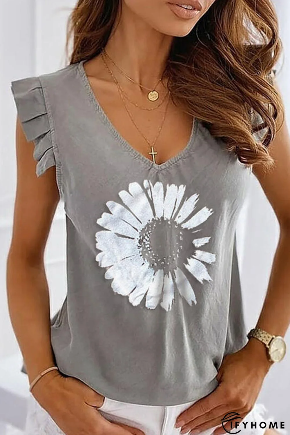 Gray V-Neck Daisy Print Casual Tank Top | IFYHOME