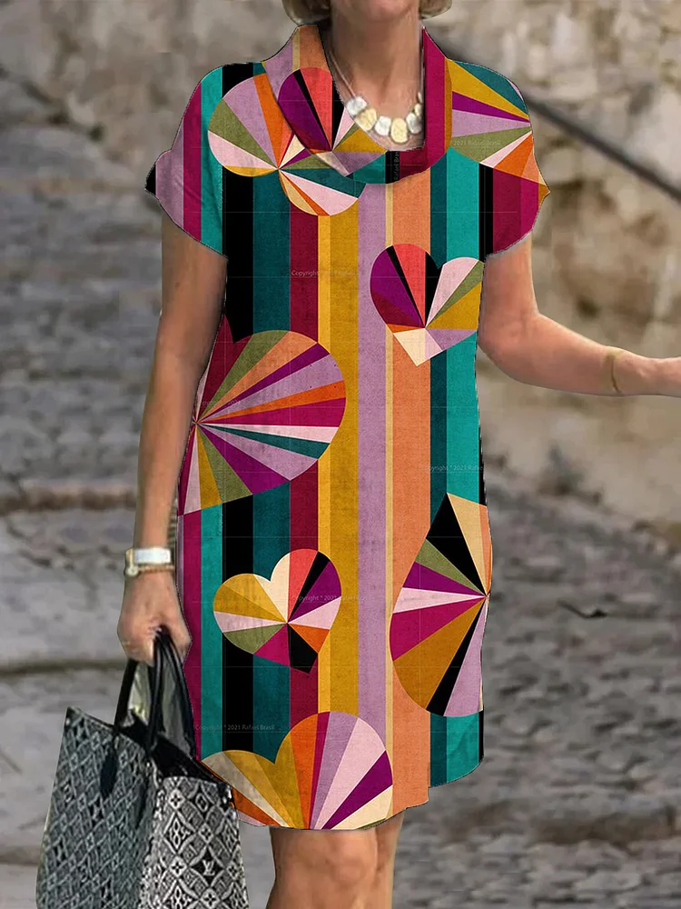 Women's Rainbow Stripe Print Linen Dress