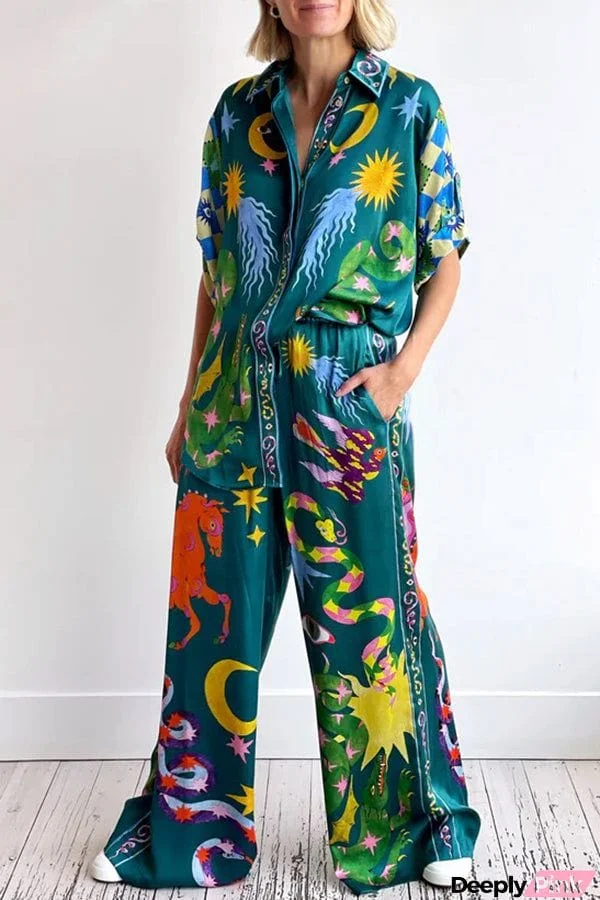 Pierson Linen Blend Unique Print Elastic Waist Pocketed Wide Leg Pants