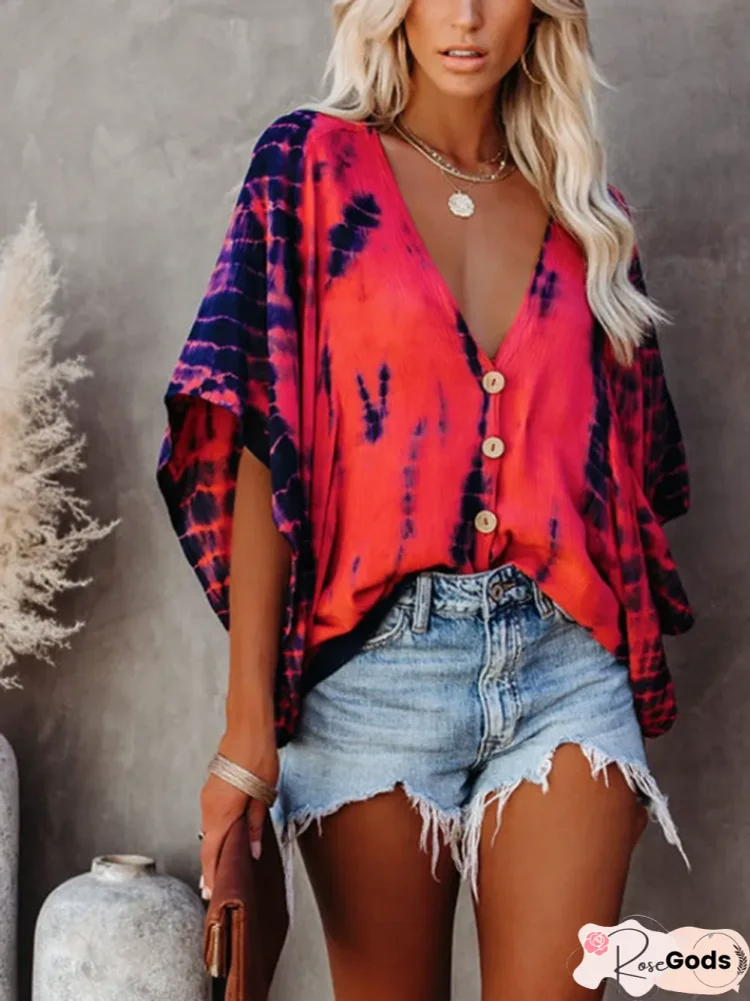 Summer New Style Women's Blouse Printing Tie-Dye Loose Shirt