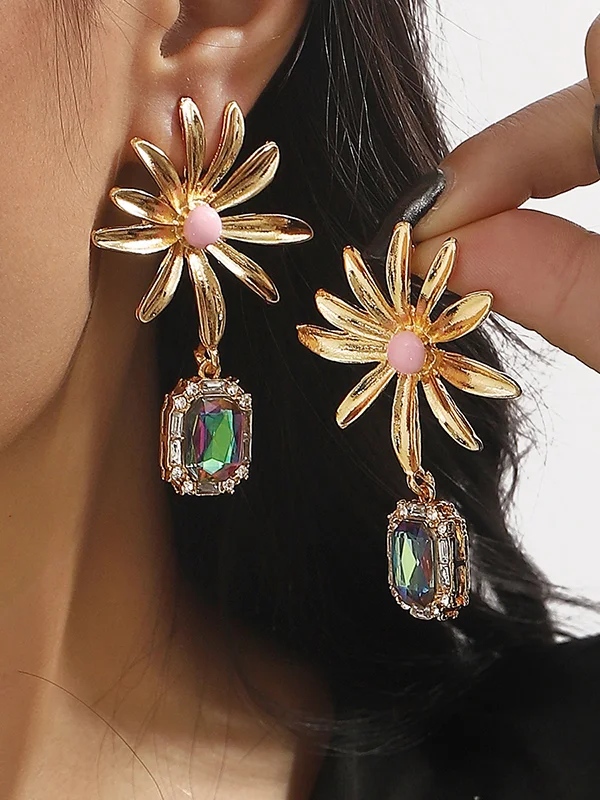 Rhine Stones Geometric Drop Earrings