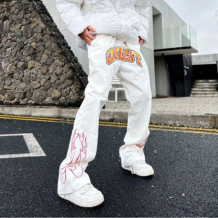 Unisex Hiphop Flame Embroidered Trousers