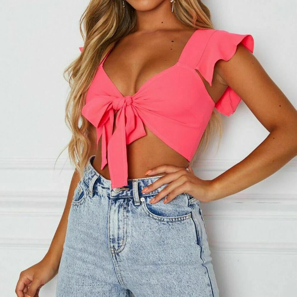 Sexy Women V- Neck Long Flare Sleeve T-Shirt Crop Tops Solid Slim Bow Tie Front Short Summer Beach Bowknot Bandage Tee Top