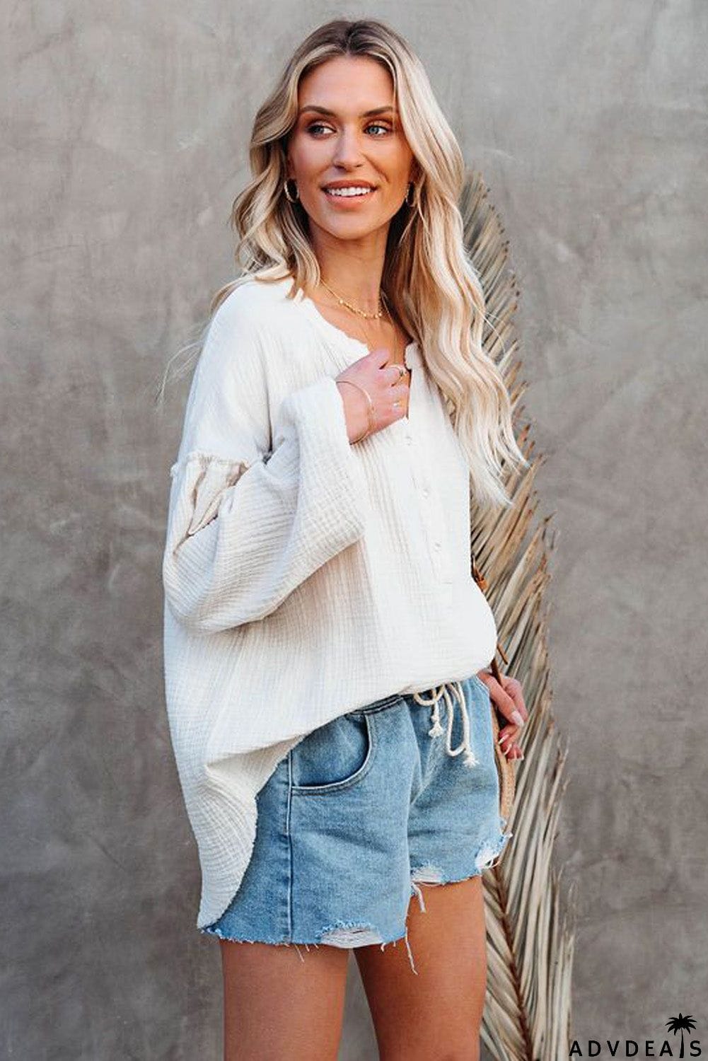 Casual Balloon Sleeve Crinkled Top