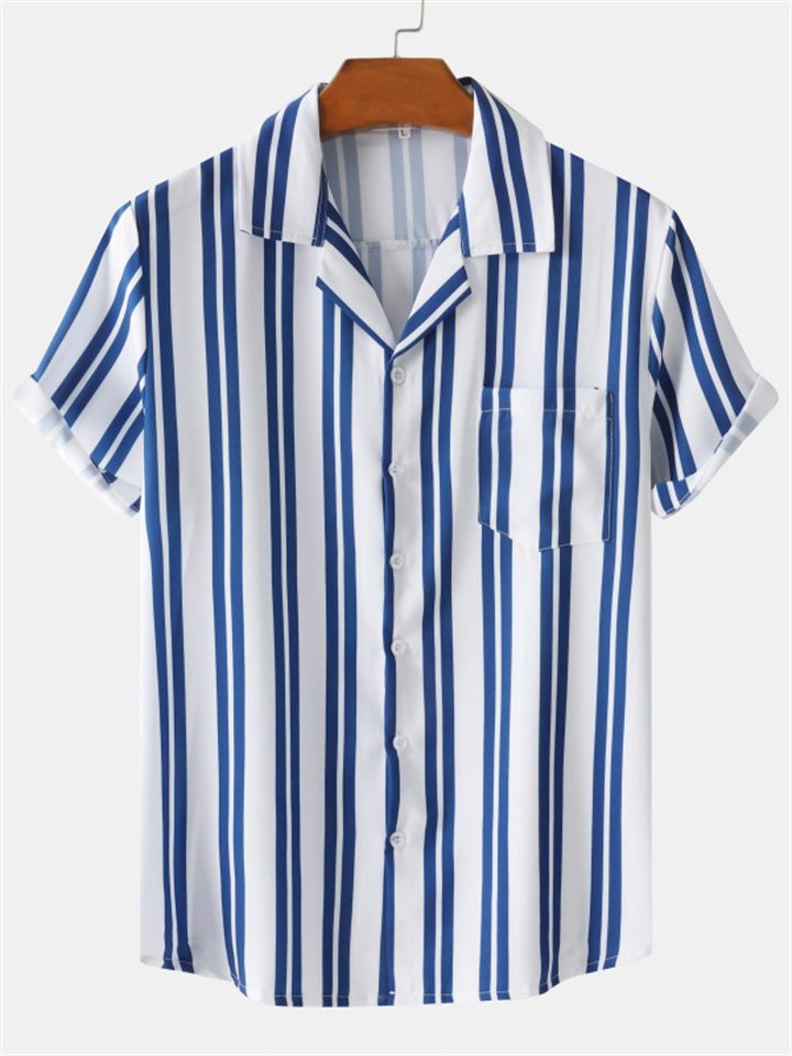 Men's Youthful Vigor Casual Loose Fashion Striped Printed Lapel Single-breasted Short-sleeved Shirt Cardigan