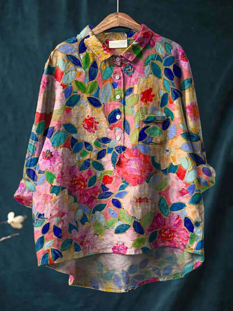 Comstylish Women's Flower Print Casual Cotton And Linen Shirt