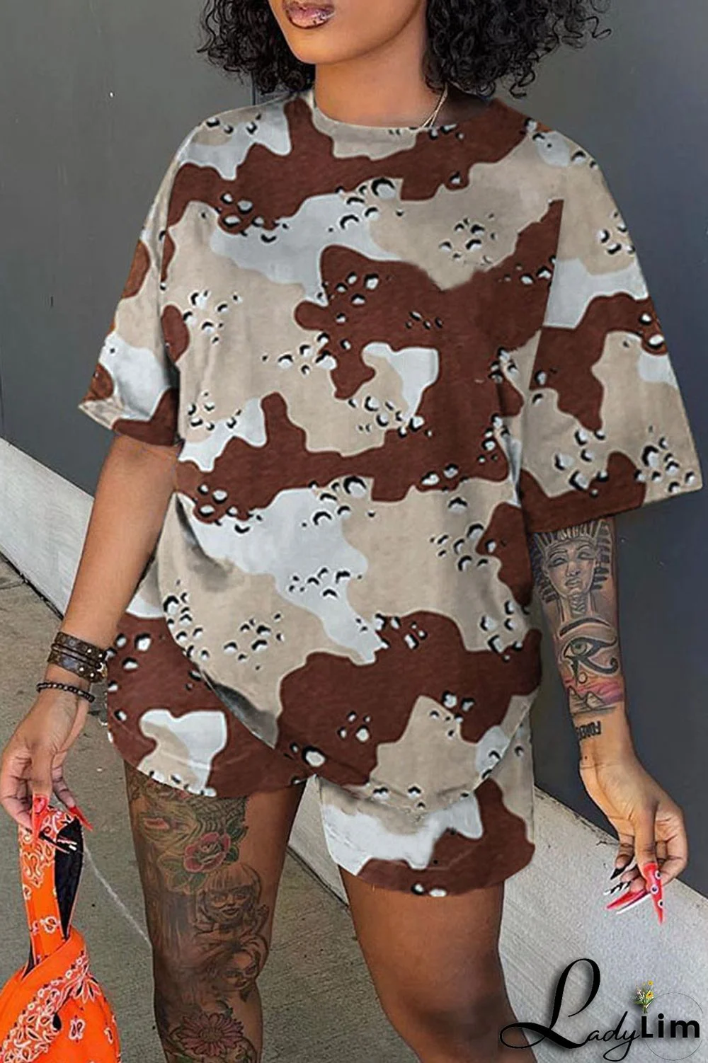 Army Green Casual Print Patchwork O Neck Short Sleeve Two Pieces