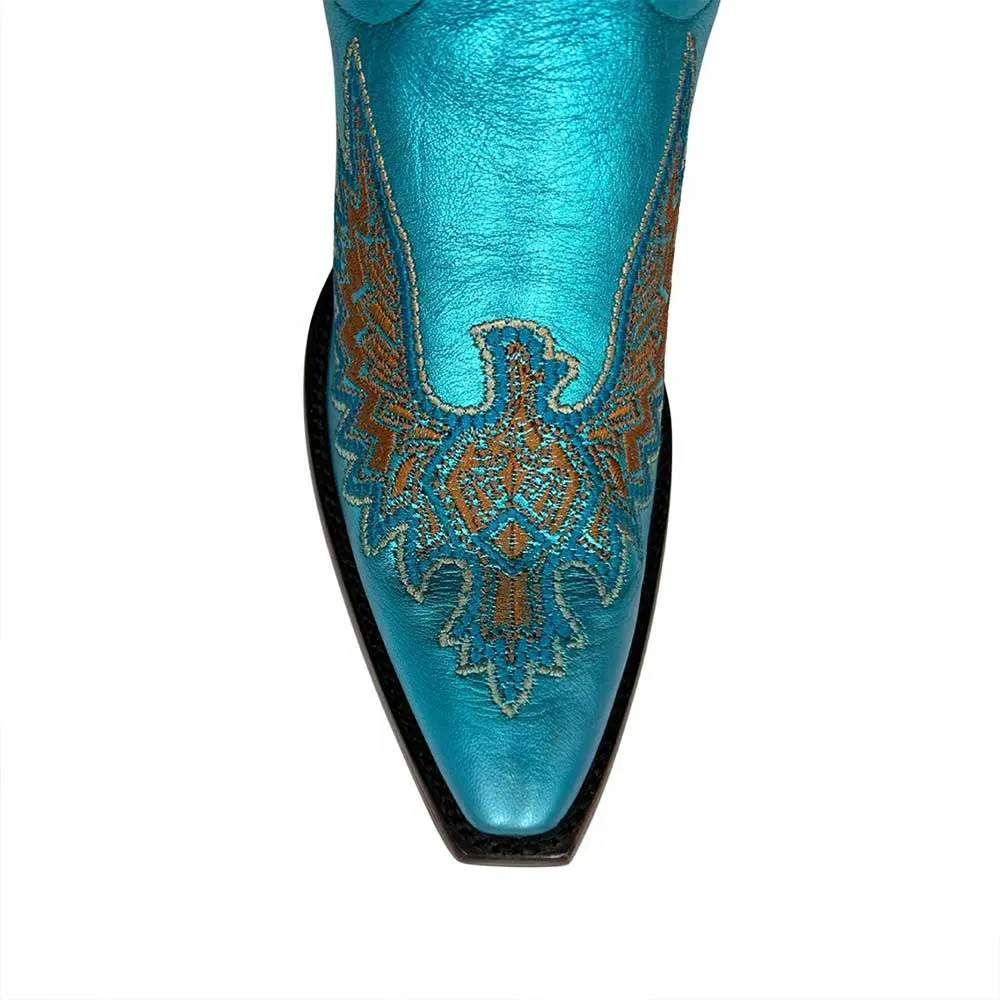 Women's Low Heel Wing Embroidered Metallic Turquoise Cowboy Boots