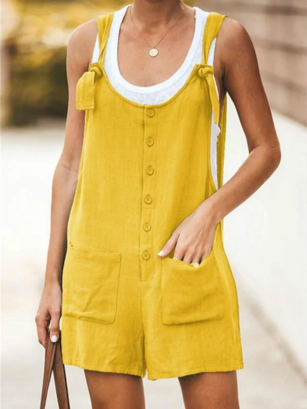 solid color pocket with cotton and linen strap jumpsuits p216255