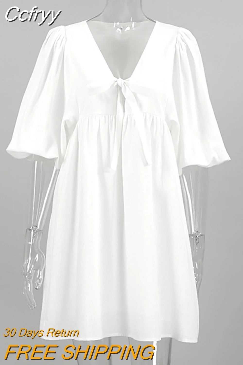 Huibahe V-Neck Casual White Dress Summer Cotton Linen Loose A-Line Dress Vacation Puff Sleeve Soft Lace-Up Short Dress 2023