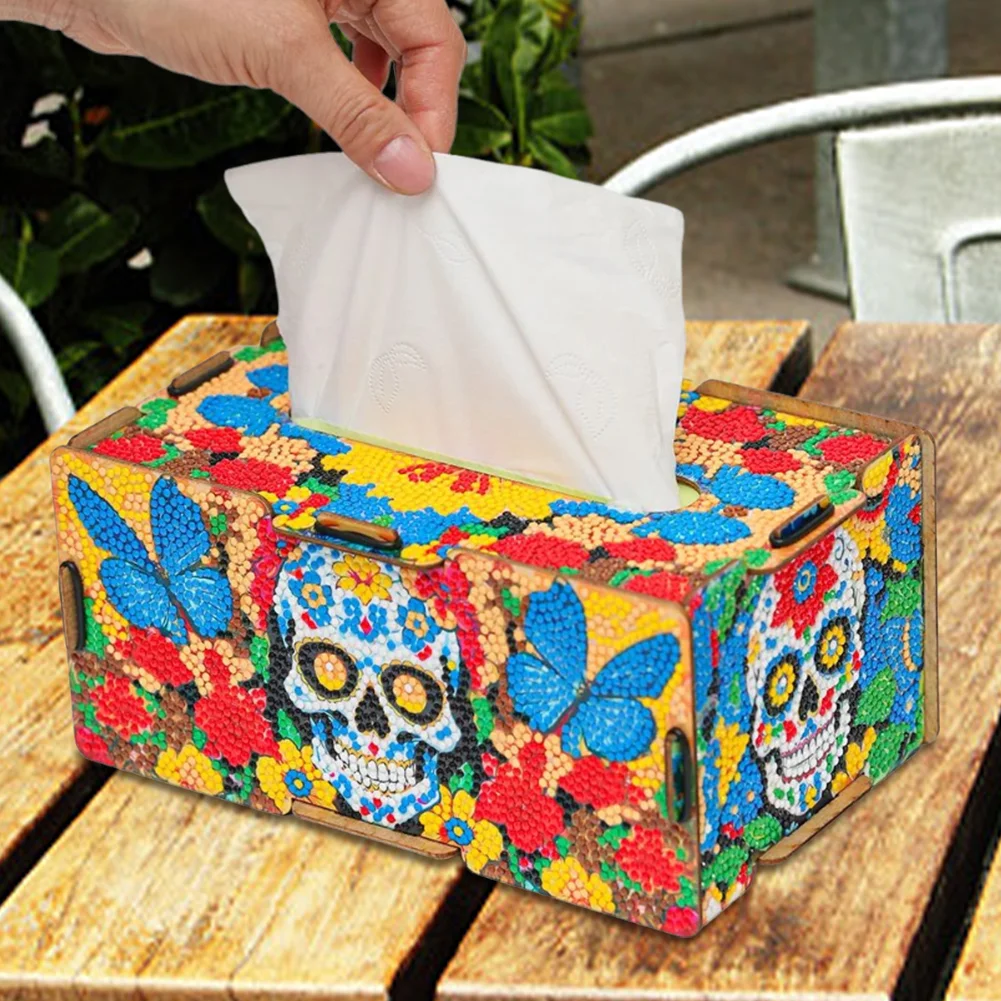 Wooden Skull 5D DIY Diamond Painting Tissue Holder Home Diamond Art Tissue Box