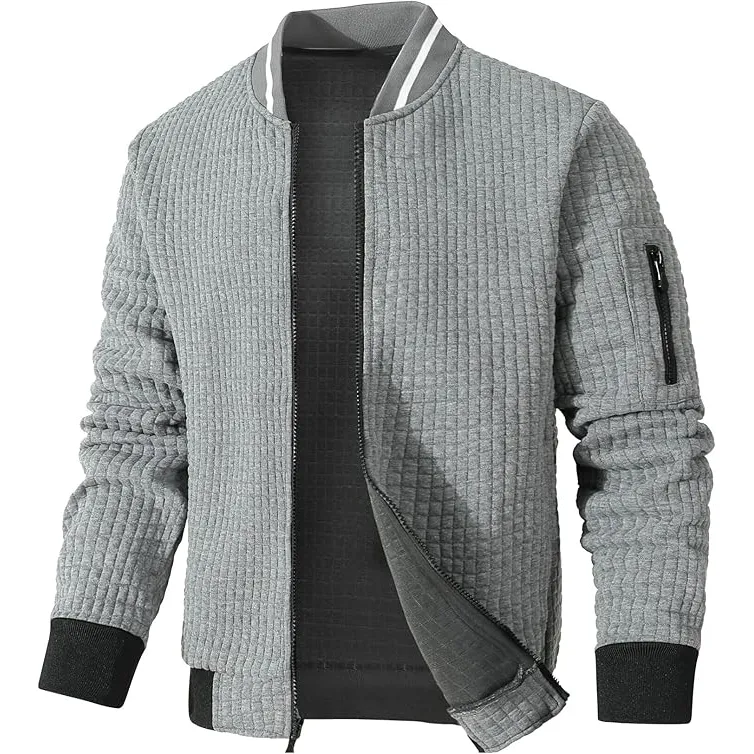 Men's Zipper Stand Collar Sweatshirt Jacket Casual Plaid Cardigan Sweatshirt