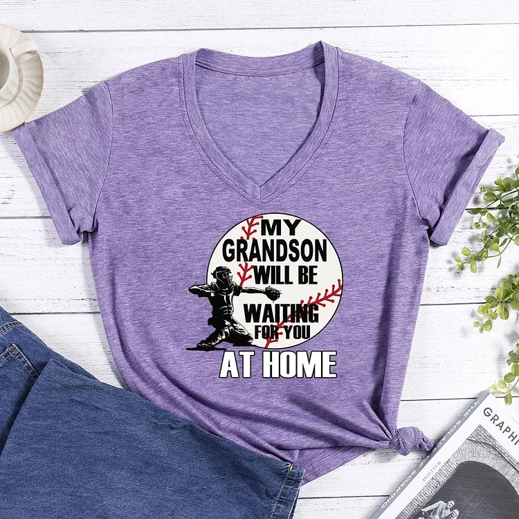 My Grandson Waiting For You At Home V-neck T Shirt-Annaletters