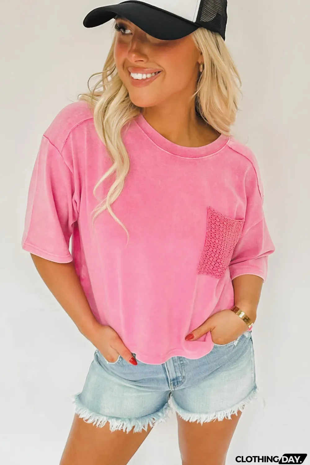 Pink Acid Wash Lace Patch Pocket T-Shirt