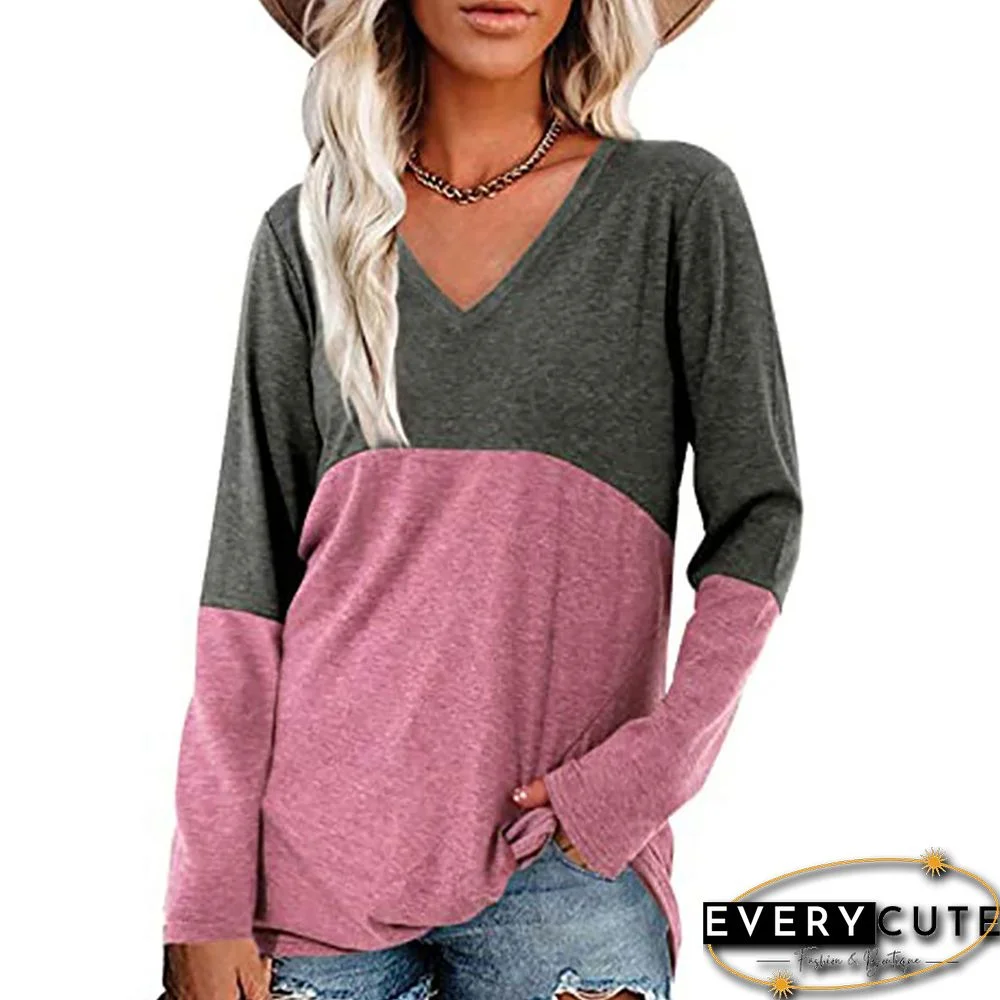 Pink Contrast V Neck Long sleeve Tops