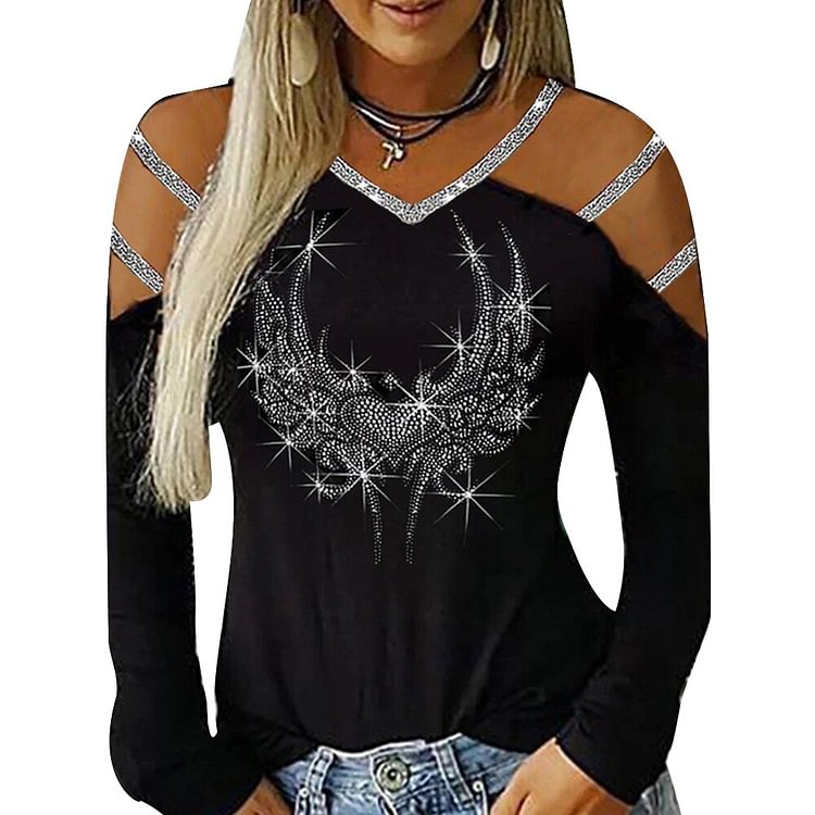 Sexy Hollow-Out Lady Fashion Bling Bling Tops Women Casual Clothes Pullover Long Sleeve V-neck Loose Tshirts Tee Shirt Femme D30 - BlackFridayBuys