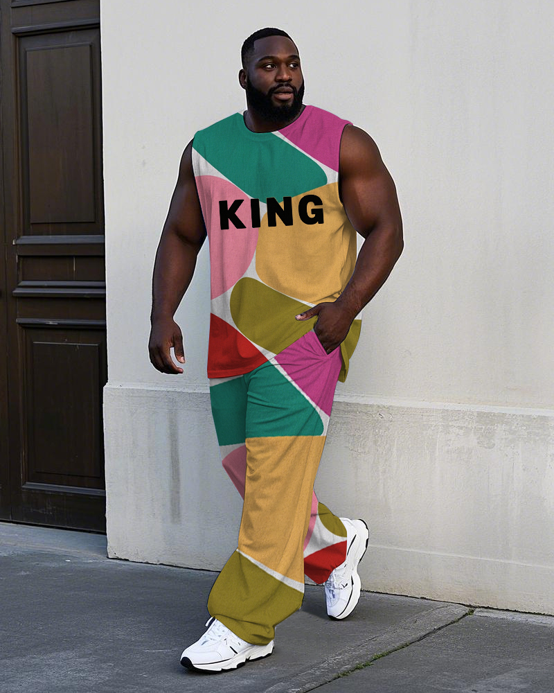 Big Men's Simple Irregular Colorful Splicing Block KING Letter Printed Sporty Vest and Pants Set
