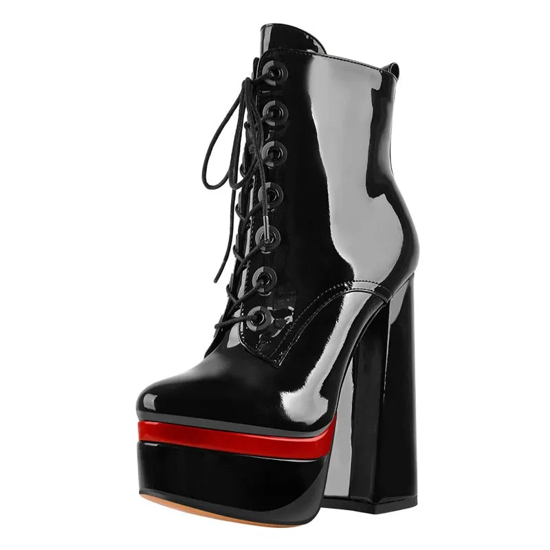 Onlymaker Women's Round Toe Platform Lace Up Squre Chunky High Heel Black Ankle Boots For Winnter Big Size US5~US15