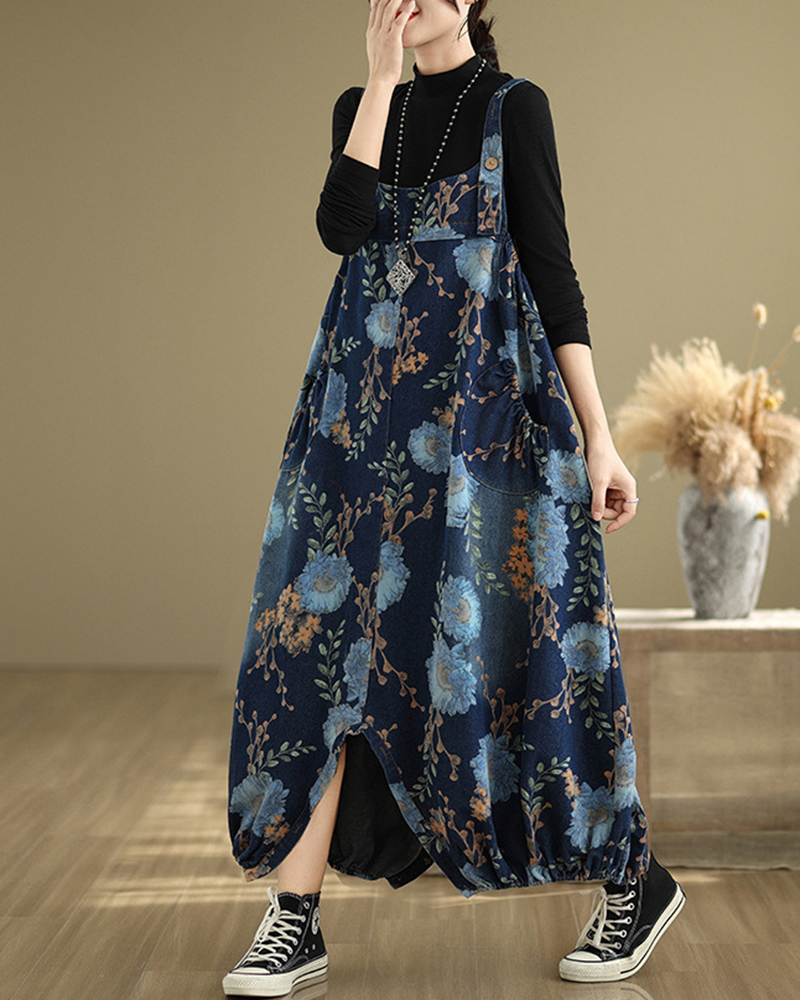 Floral Pattern Strap Side Pockets Harem Style Denim Jumpsuit