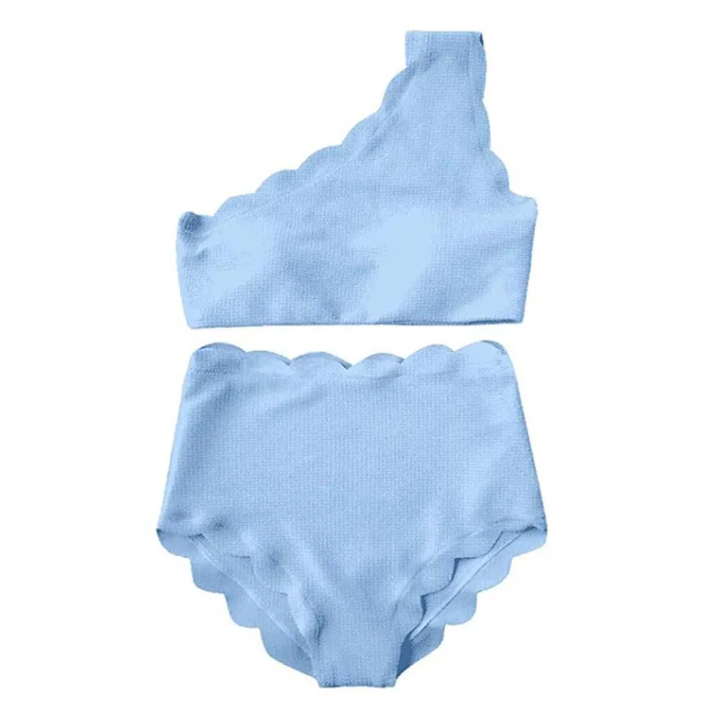 2Pcs Fashion Women One Shoulder High Waist Scalloped Bikini Set Summer Swimwear Suitable for beach travel swimming