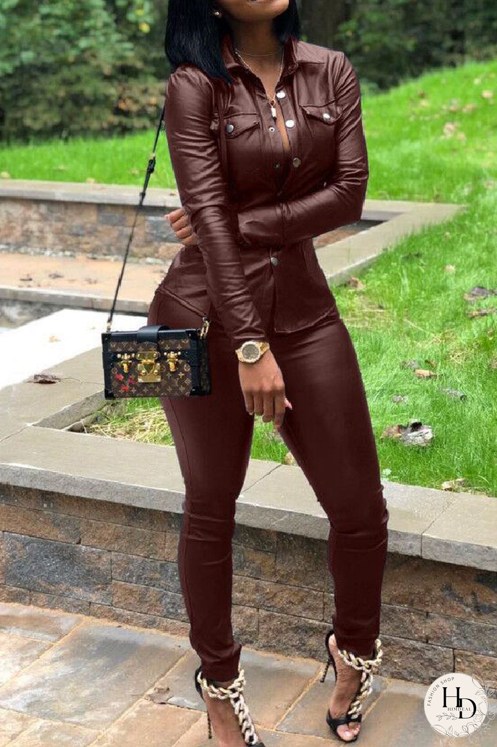 Wine Red Elastic Fly Long Sleeve Mid Print Patchwork pencil Pants