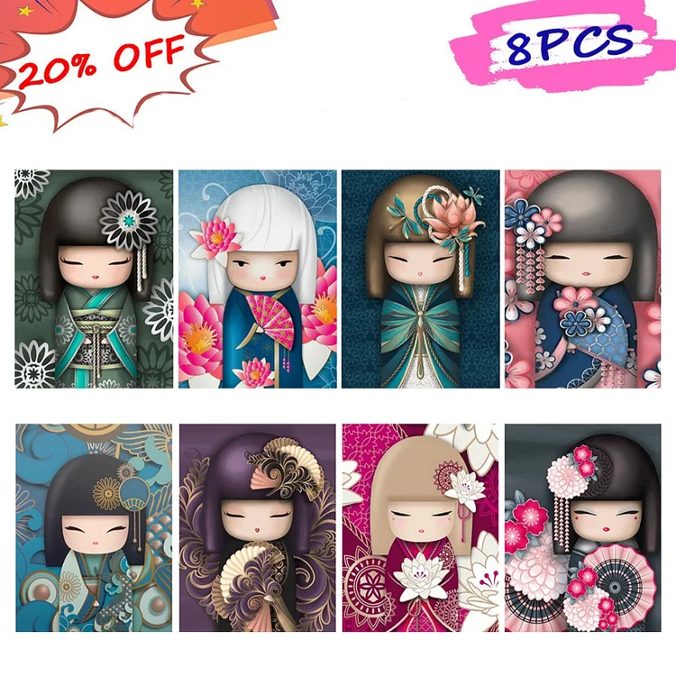 8pcs Kokeshi Doll full round drill Diamond Painting 30*40CM(Canvas) gbfke