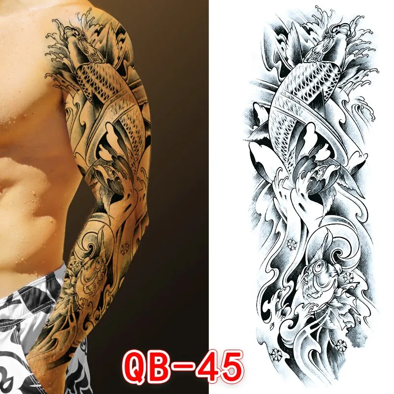 Sdrawing Men Temporary Tattoos Large Arm Sleeve Tattoo Sticker Dragon Tiger Fish Full Skull Totem Wolf Waterproof Fake Tattoo for Women