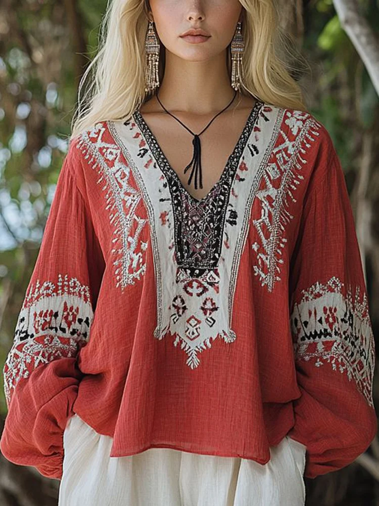 Vintage Bohemian Patterned Women's Linen Shirt