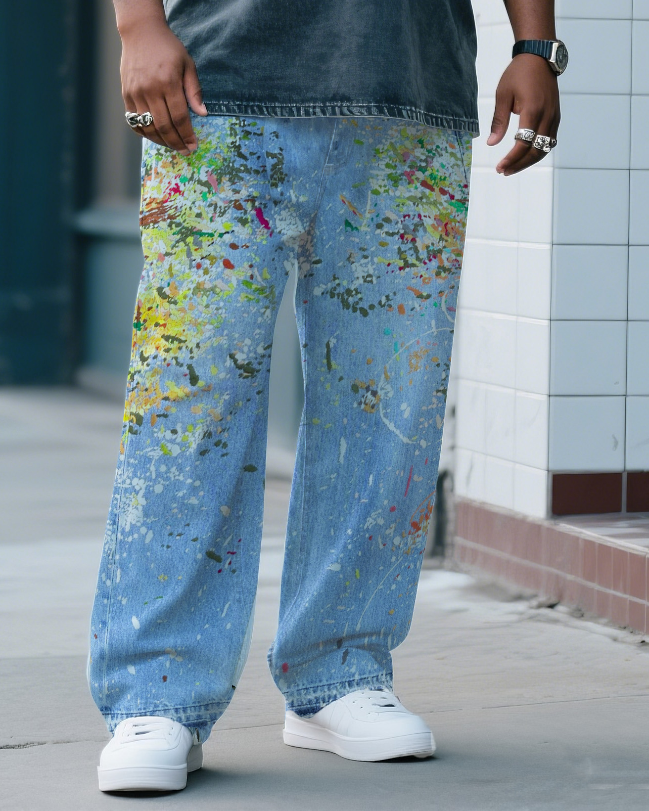 Plus Size Men Hello New York Printed T-Shirt Splash Ink Pants Denim Suit