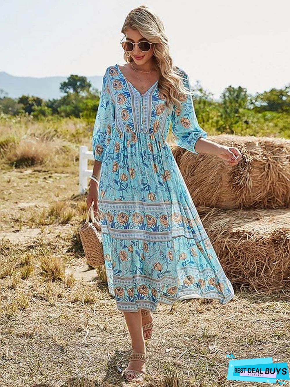 Women's Swing Dress Midi Dress Half Sleeve Print Spring Summer V Neck Vacation Holiday Boho